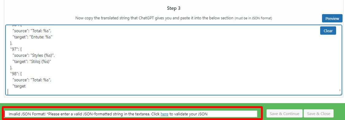 Invalid JSON format warning